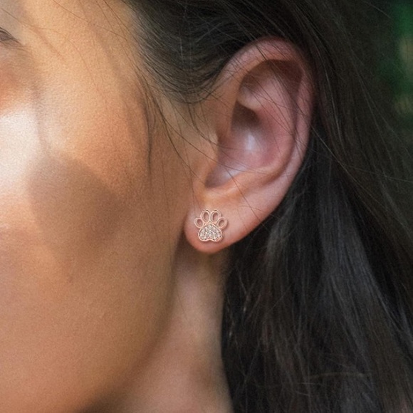 14k Rose Gold Paw Print Diamond Earrings - Picture 5 of 8